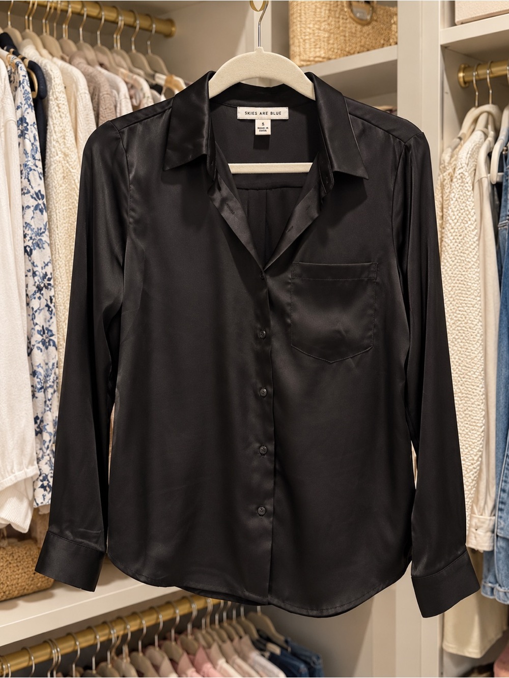 Skies Are Blue Black Satin Button-Front Shirt NWOT